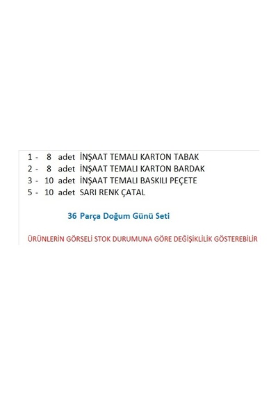 İnşaat 8 Adet Tabak, 8 Adet Bardak, 10 Adet Peçete, 10 Adet Çatal
