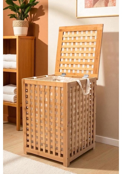 Digithome Bambu Çamaşır Sepeti 58x40 Cm Kulplu Taşınabilir Bezli Db-0042 Kahverengi