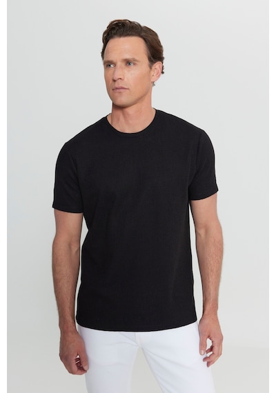 AC&Co / Altınyıldız Classics Erkek Sıyah Pamuklu Slim Fit Dar Kesim Bisiklet Yaka Jakarlı Esnek Tişört Siyah