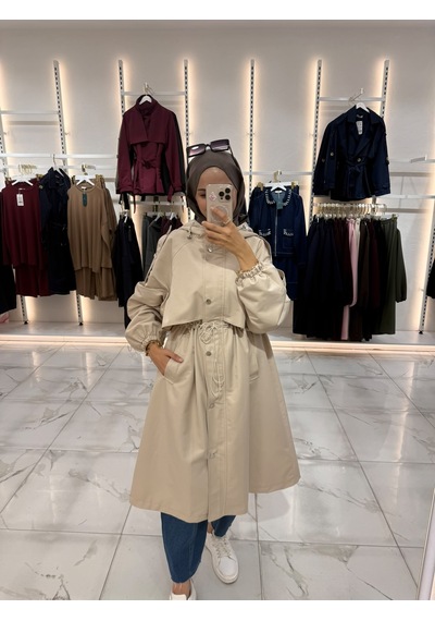 Esra Butik78 Kadın Kapüşonlu Bel Büzgülü Büyük Beden Parka Mont Krem
