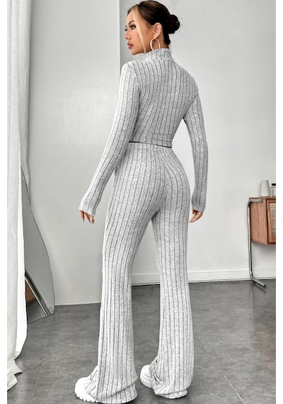 Epilons Zenviaatt2 Kadın Gri Çizgili Boğazlı Crop Top Ve Yüksek Bel Pantolon Takım Zenvi312