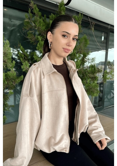 Prifaldi Premium Oversize Bej Süet Bomber Ceket