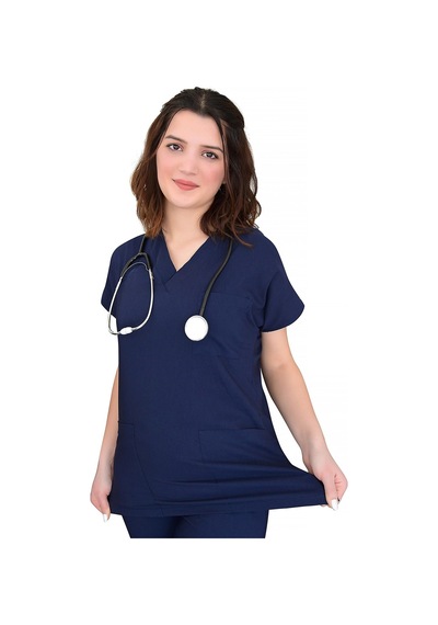 Unisex Lacivert Likralı Cerrahi Üst Üniforma Doktor Hemşire Scrubs Forma Lacivert Lacivert