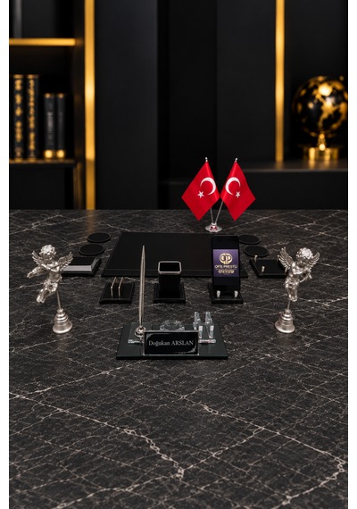 14 Parça Kristal Masa İsimlik Seti Kişiye Özel Melek Figürlü Lüks Ofis Sümen Takımı