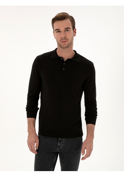 Cacharel Siyah Regular Fit Pamuk Karışımlı Polo Yaka Basic Triko Kazak