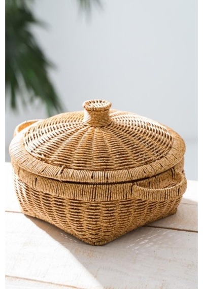 Digithome Rattan Hasır Kapaklı Çok Amaçlı Depolama Mutfak Banyo Sepeti 26 Cm Kahverengi Kahverengi