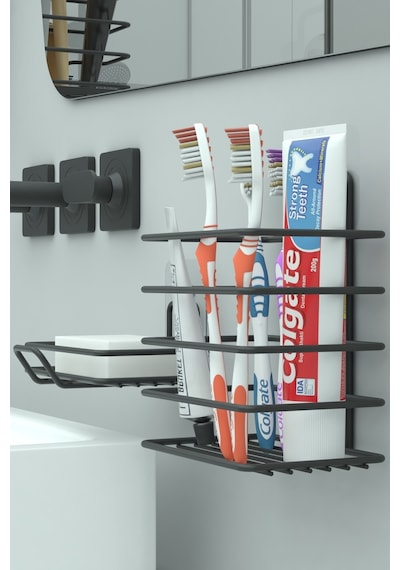 Zabata Yapışkanlı Metal Diş Fırçalık + Banyo Sabunluk 2li Set Siyah