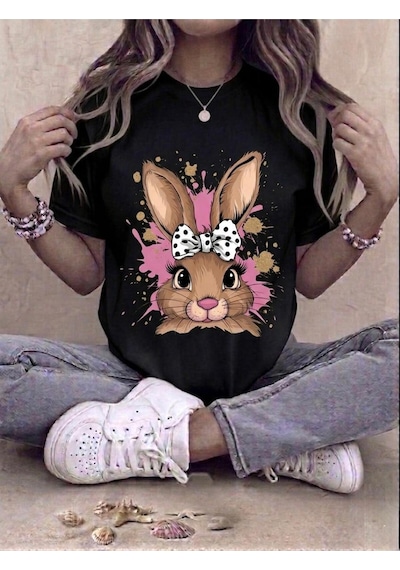 Sevimli Tavşan Figür Baskılı Kompakt T-shirt Siyah