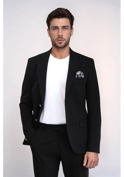 Siyah Kendinden Desenli Örme Altın Renk Metal Düğmeli Slim Fit Erkek Blazer Ceket - Wessi Black Siyah Kendinden Desenli Örme Altın Renk Metal Düğmeli Slim Fit Erkek Blazer Ceket - Wessi Black