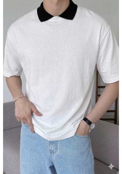 Erkek Kolej Yaka Tişört Kontrast Detaylı Casual Regular Polo Yaka T-shirt Beyaz