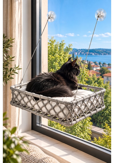 Reyo Tasaryum El İşçiliği Bohem Makrome Kedi Ve Küçük Köpek Cam Hamak Yatağı Güçlü Vantuzlu, Minderli - Antrasit
