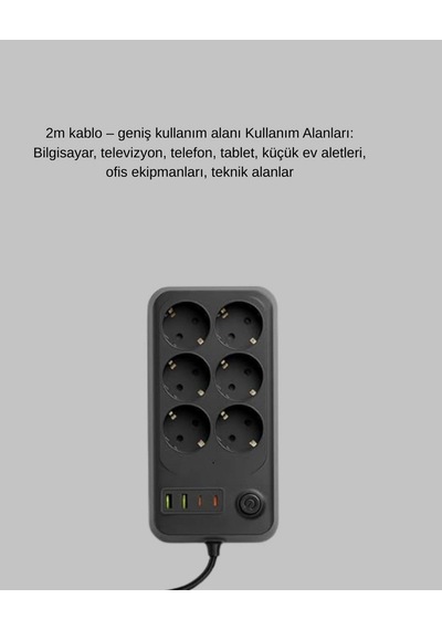 Akım Korumalı 6 Lı Priz 2xusb 2xtype-c Çıkış Yüksek Gerilim Koruma Çoklu Priz Çoğaltıcı Standart