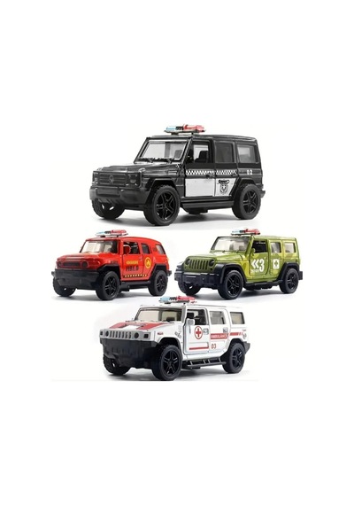 4'lü Die-cast Metal Oyuncak Araba Seti - Sesli Işıklı Çek Bırak İtfaiye Polis Ambulans Askeri Araç Çok Renkli