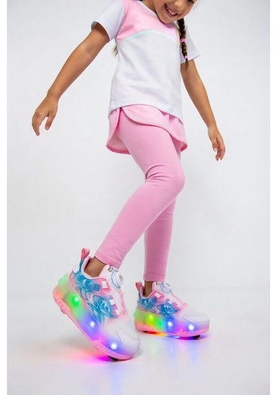 Pepino Kız Çocuk Şarj Edilebilir 16 Mod Rgb Led Işıklı Tekerlekli Paten Ayakkabı Bas-çek Butonlu Beyaz - Pembe Beyaz - Pembe