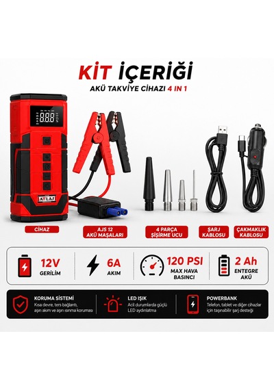 Attlas Ajs 12 4'ü 1 Arada Akü Takviye Cihazı 12v 6a 120 Psı Lastik Şişirme Powerbank Led