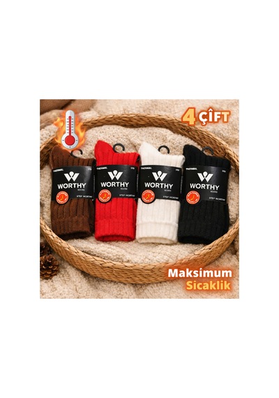 Worthy Socks 4 Çift Kalın Maksimum Sıcaklık Hissettiren Çorap Seti 4 Çift Çok Renkli