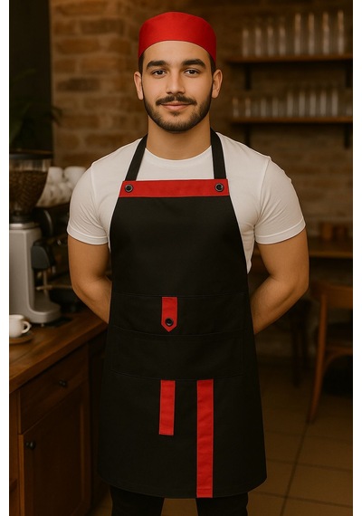 Boydan Askılı, Cepli, Servis Önlüğü 1 Adet Siyah-kırmızı