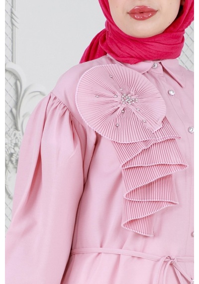 Sevitli İnci Çakım Fırfırlı Tunik-pembe-3780-pembe Pembe