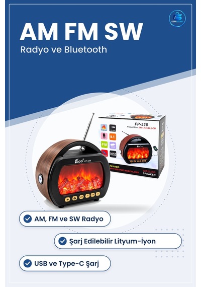 Bluetooth Hoparlör Şömineli Radyo Fenerli Am Fm Sw Usb Type-c Tf