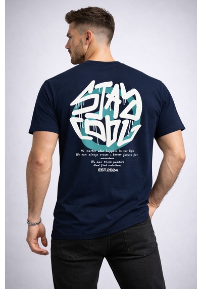 Herkesemoda Arka Stay Yazı Detaylı Basic T-shirt Lacivert