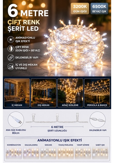 6 Metre Çift Renk Led Işık 3200k + 6500k Animasyon Efektli, Dış Mekan Ct8502 Çok Renkli