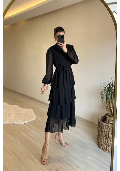 Neşeli Butik Kadın Kat Kat Volanlı Kuşaklı Midi Şifon Elbise Nm004 Siyah