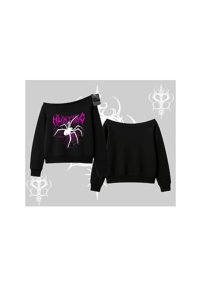 Tarzsokak Beyaz Kayık Yaka Sweatshirt Autumn Spider Siyah