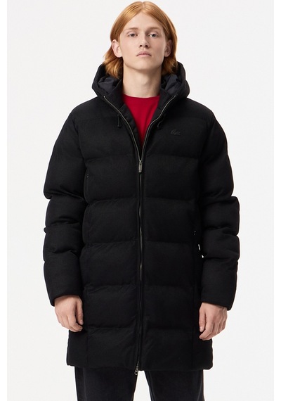 Lacoste Down Fill Mens Parka Sabit Kapüşonlu Kaz Tüyü Erkek Fitilli Parka Siyah