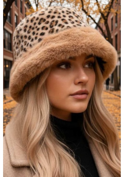 Tezzgelsin Kadın Leopar Desenli Peluş Kürklü Kalpak Şapka Camel