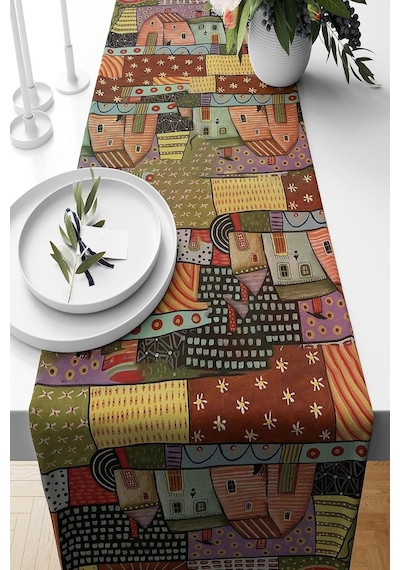 Pelangi Yaz Evi Desenli Patchwork Masa Değişik Ranır Modelleri Dekoratif 4'lü Kırlent Kılıfı Runner Seti, Kiremit 45 X 45 Çok Renkli