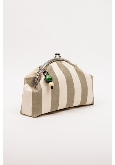 Fabric Craft Bag El Çantası İkili Set Kadın Duck Kumaş Çizgili Metal Klipsli 28x17 / 16x9 Cm Yeşil - Krem