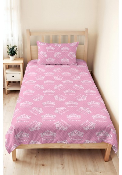 Evimde Bambaşka Pembe Taç Temalı Kız Çocuk Pike Takımı-prenses Konseptli Beyaz Bebek Odası Yatak Örtüsü-160x220  CM