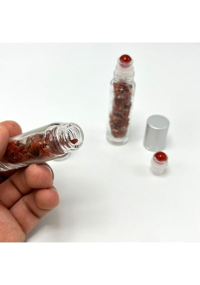 Yıldız Doğal Taş Sertifikalı Kırmızı Akik Doğal Taş Esans Şişesi + Roller Masaj Aleti 10 ML