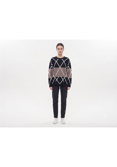 Neden Tekstil Kadın Oversize Triko Kazak - Modern Geometrik Desen - Siyah