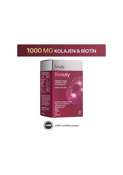 Longify Beauty Hidrolize Kolajen Tip 1 Ve Tip 3, Hidrolize Elastin, Hyaluronik Asit, Biotin, Vitamin C, Çinko, Bakır Takviye Edici Gıda 30 Tablet