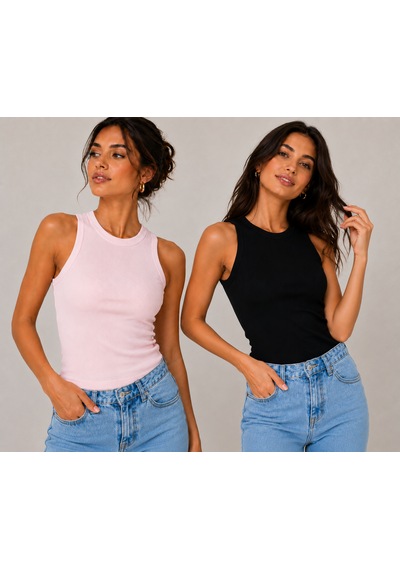 Feyece Kadın Siyah Pudra Halter Yaka 2'li Crop Bluz Pembe - Siyah