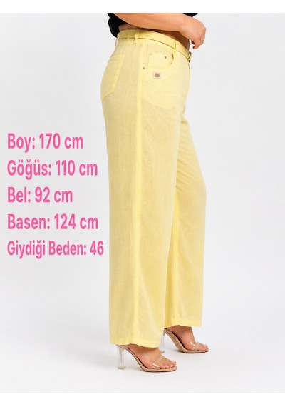 Büyük Beden Keten Beli Lastikli Kemerli Yüksek Bel Bol Paç Cepli Kadın Pantolon Sarı