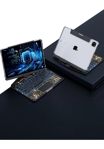 Gld-spt- Newface Jp11 Apple Uyumlu iPad Pro 11 2022 Kılıf Vales Dönen Ledli Klavyeli Tablet Kılıfı - Siyah