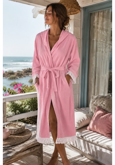 Aquatolıa Muslin Düz Desen Plaj, Sauna, Spa, Banyo Amaçlı Bornoz. Pembe