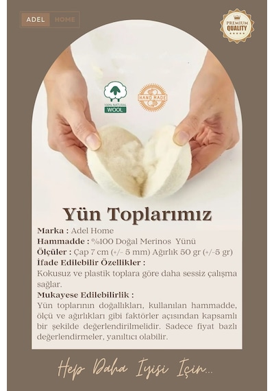 %100 Yün Kurutma Topları 6'lı Paket + Keten Saklama Torbası