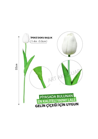 Yapay 8 Li Islak Lale Buketi Gerçeksi Doku Beyaz - Yapay Lale 32 Cm 8 Adet Kırık Beyaz