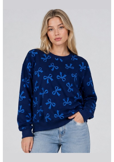 Fiolin 3 İplik Şardonlu Kurdele Desenli Sweatshirt Lacivert