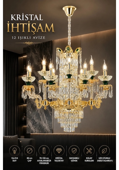 Modern Premium Yeşil Detaylı Klasik 12'li Gold Avize E14 Duylu Lüks Salon Avizesi