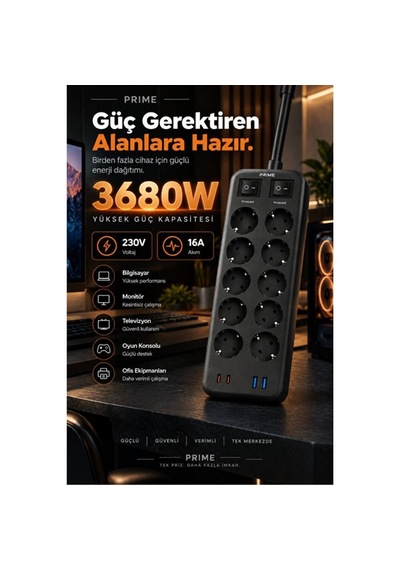 10 Lu Akım Korumalı Grup Priz 3680w, 2 Usb-c + 2 Usb-a, 1050j, 2 Metre Kablo 0 - 2 M