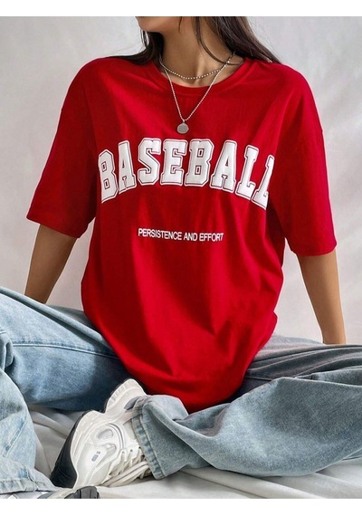 Flood Of Style Kadın Kırmızı Baseball Baskılı Oversize Bisiklet Yaka Tişört