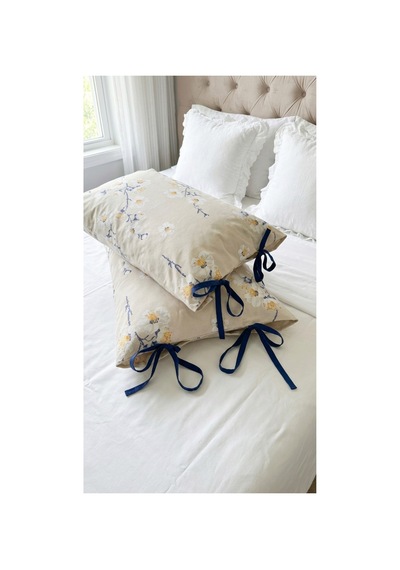 %100 Pamuklu Çiçek Desenli Bağcıklı Yastık Kılıfı 2 Adet 50x70 Cm Bej - 864755501 Bej
