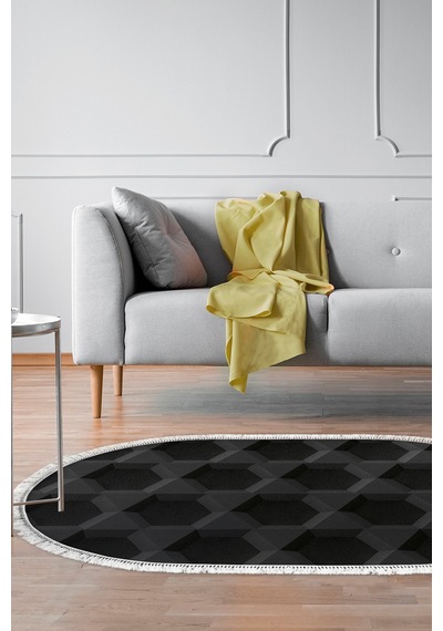 Kaymaz Dijital Mutfak & Salon Halı Trend Saçaklı Oval Geometrik E5016 Siyah