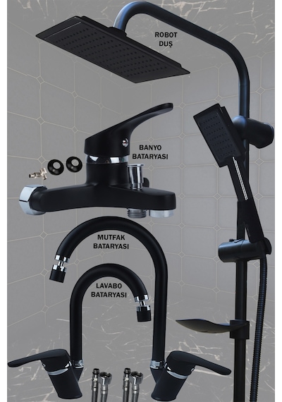 Irmak Lavabo Banyo Mutfak Bataryası Ve Rainy Robot Duş Siyah Banyo Seti Armatür Musluk Batarya Duş Siyah Irmak Lavabo Banyo Mutfak Bataryası Ve Rainy Robot Duş Siyah Banyo Seti Armatür Musluk Batarya Duş Siyah
