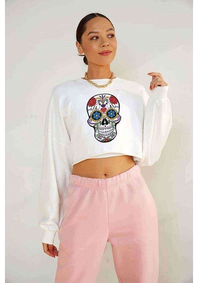 Watercolor Tattooed Sku Baskılı Crop Kadın Beyaz Sweatshirt (534802500)