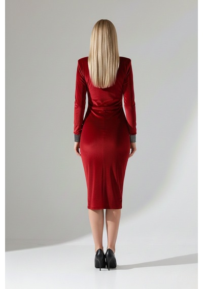 Defymoda Kadın Modern Vatkalı Midi Elbise Kırmızı